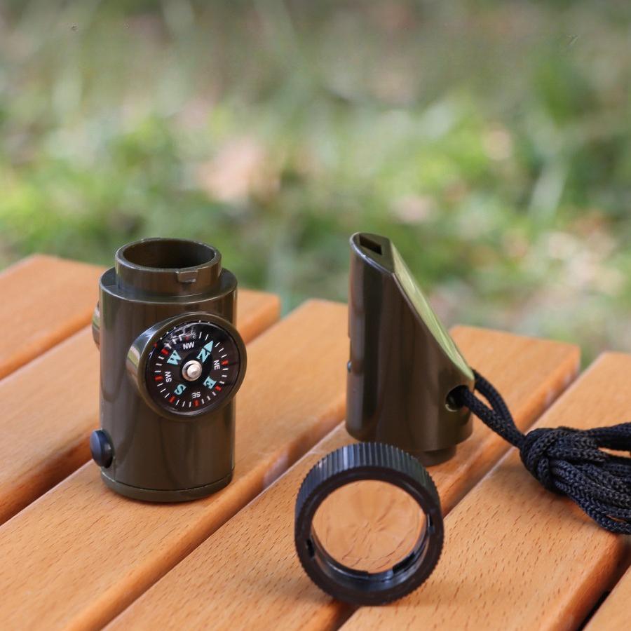 1Pc Outdoor Camping 7-in-1 Multifunctional Survival Whistle with Flashlight, Thermometer, and Compass