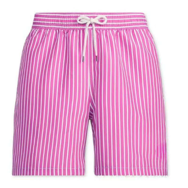 2026 Summer Men's Quick-drying Blue & White Stripe Beach Bermuda Shorts with Elastic Waist