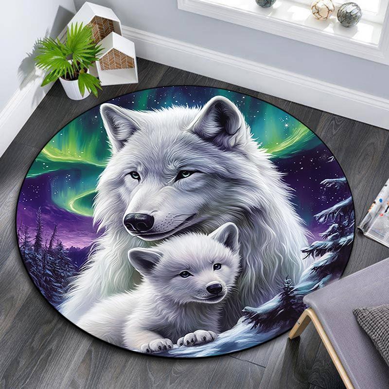 Weißer Wolf Runder Teppich, Teppich für Wohnzimmer Schlafzimmer Sofa Spielzimmer Dekor, Rutschfeste Bodenmatte