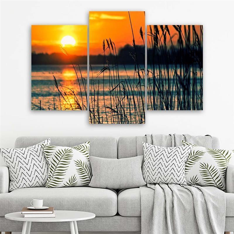 Three Piece Picture Canvas Print Sunset Lake Grass Nature