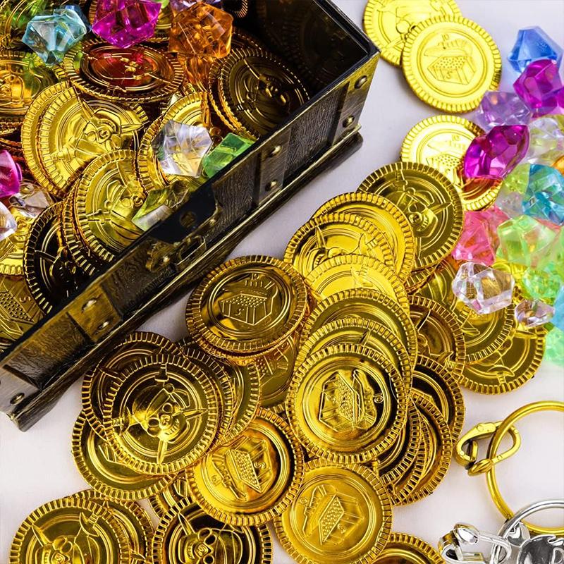 Pirate Treasure Chests Fake Gold Silver Copper Coins Gemstones Plastic Acrylic Toys Children Kids Gifts Halloween Party Props