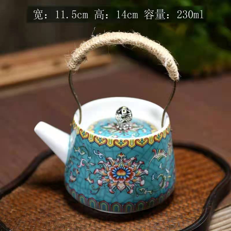Large Ceramic Teapot Set with Hand Painted Flowers Home Tea Brewing Kungfu Tea Kit with Handle