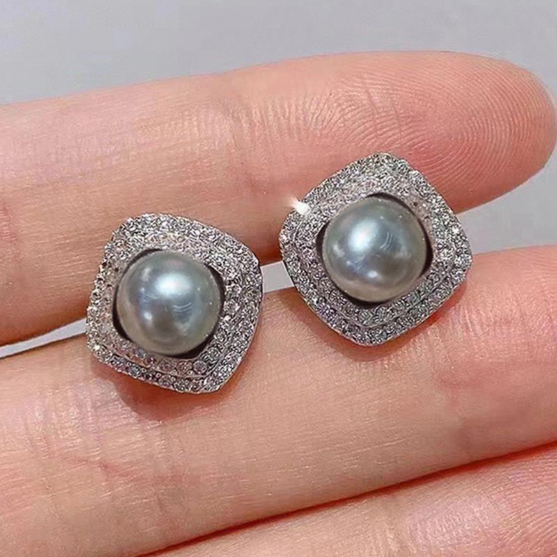 

925 Sterling Silver Pearl Stud Earrings for Women Full Dazzling CZ Statement Earrings Wedding Party Female Jewelry