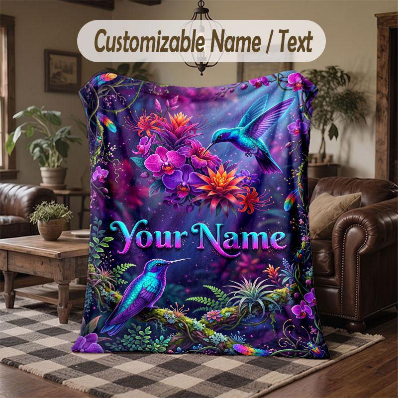 Birds Theme Throw Blanket Custom Name Text Personalized Blanket Soft Cozy Blanket for Home Sofa Bed