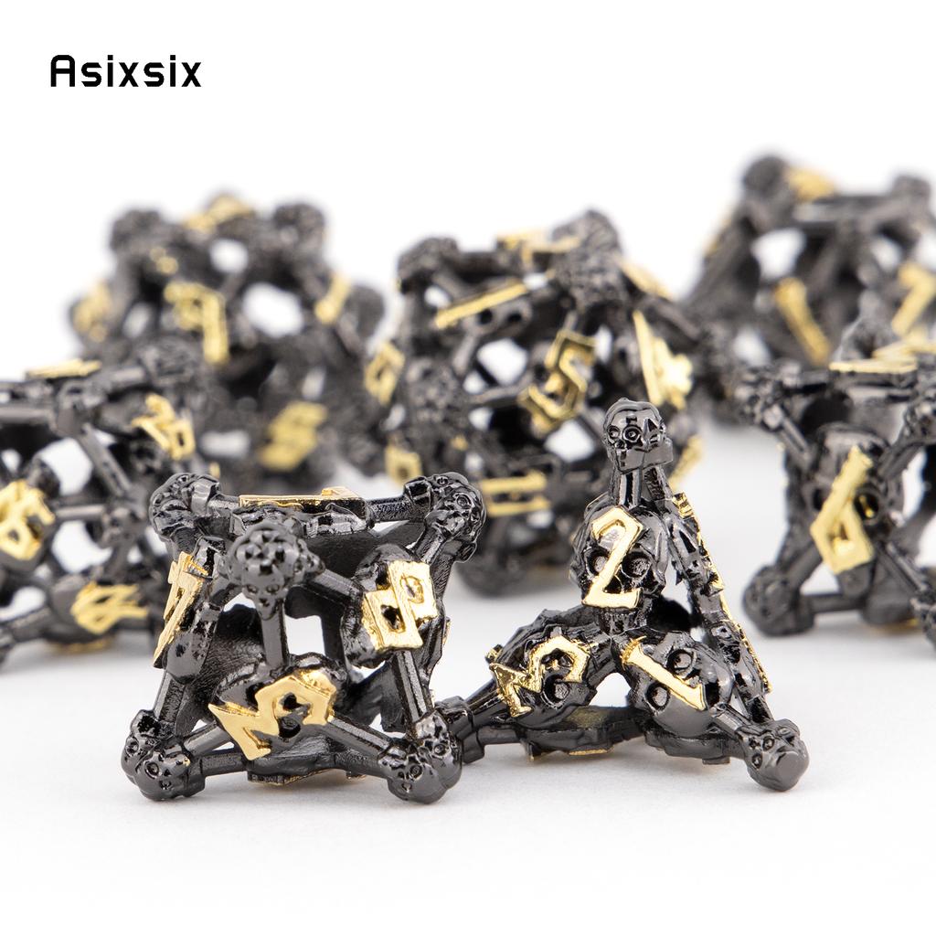 7 Pcs Black Yellow Skull Head Metal Dice Hollow Metal Polyhedral Dice Set Suitable for Role-Playing RPG  Board Game Card Game