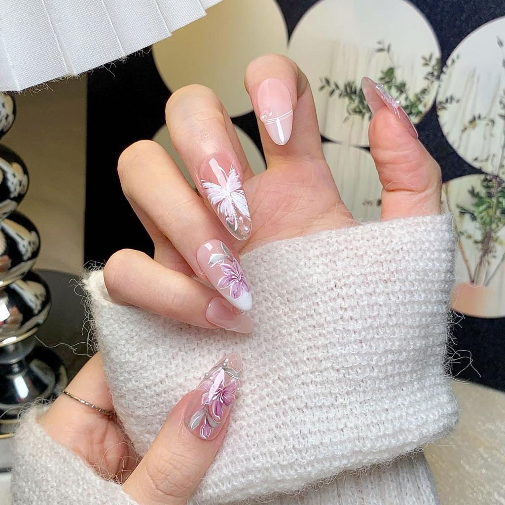 Women INS‑Style Press‑On Nails Handcrafted Finished Hand‑Painted Watercolor Floral‑Butterfly False Nail Tips