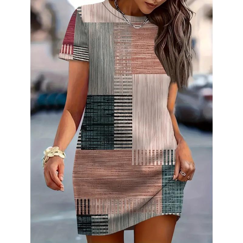 Women's Summer Casual Allover Simple Print O Neck Short Sleeve Dress Shirt Dresses For Women Y2k Ladies Clothes Woman Clothing
