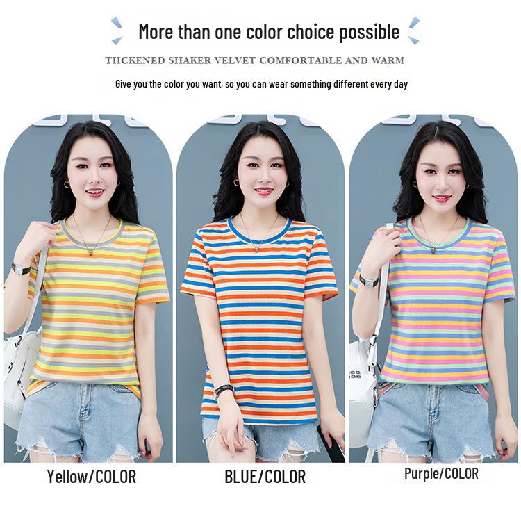 Women's Summer Round Neck Striped Cotton T-Shirt: Colorful, Casual, Loose, Age-Reducing, Slimming Design.