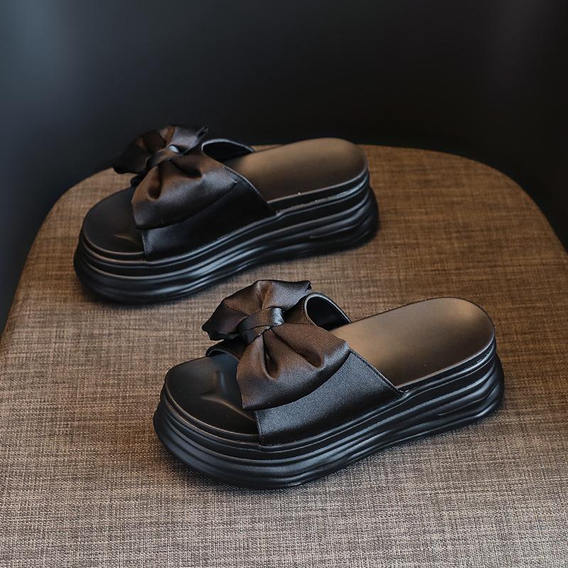 Bow slippers 2025 summer height increase platform women's shoes beach cool slippers comfortable to wear fish mouth design