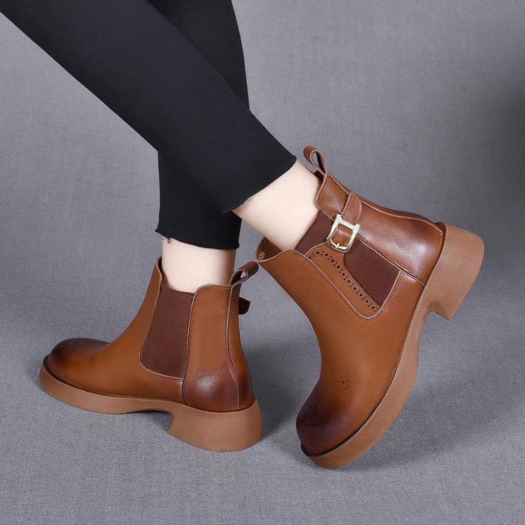 Flat Martin Boots Women's Cigarette Boots First Layer Cowhide Belt Buckle Short Boots Personalized Locomotive Boots Brock Leather Boots