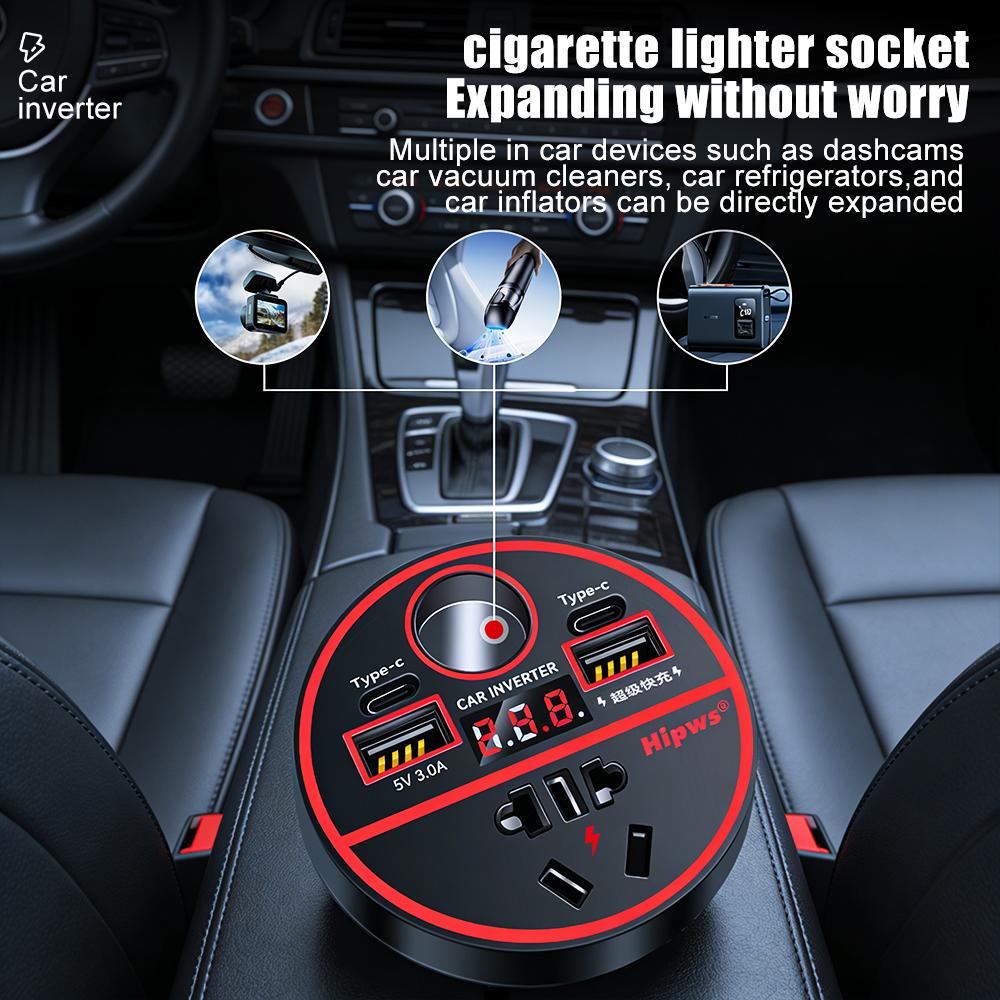 QC3.0+PD Type C Digital Vehicle Charger Quick Charge Cigarette Lighter Inverter 200W Car USB Fast Charging USB Charger Adapter Universal