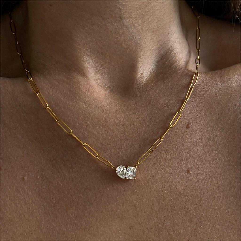 Exquisite Square&Waterdrop Cubic Zirconia Paper Clip Link Chain Necklace Fashion Stainless Steel Necklace for Women Jewelry