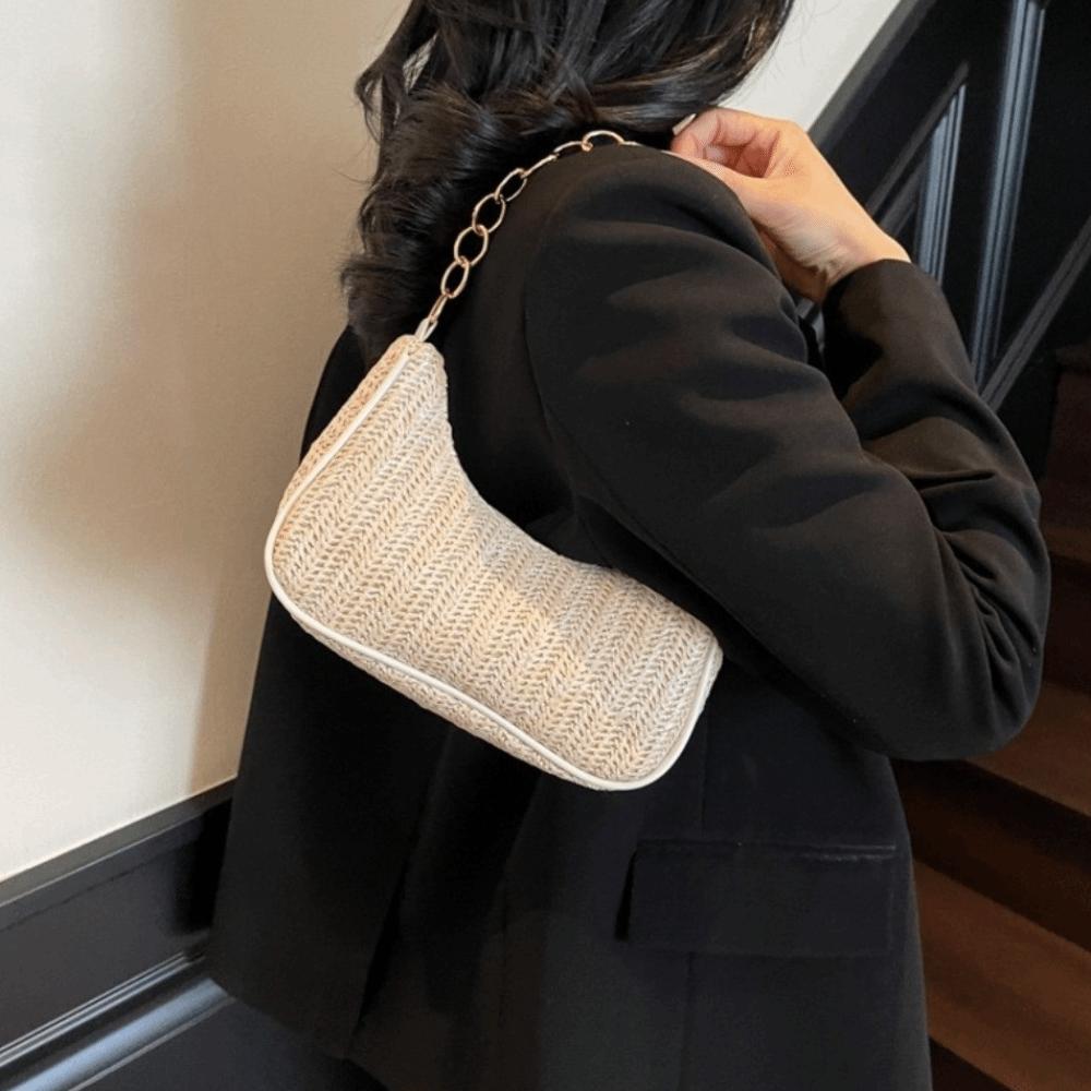 Square Weave Underarm Bag Zipper Clutch Bag Portable Beach Handbag Outdoor
