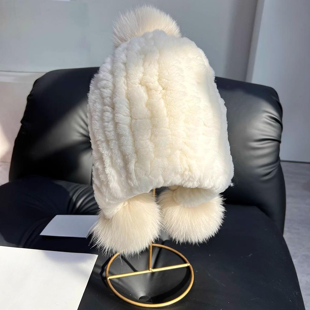 Girl Cute Real Rex Rabbit Fur Hat Big Fox Hairball Head Hat Thickened Warm Ear Hat Winter