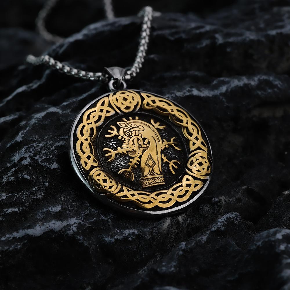 Viking Style Men's Pendant Necklace With Tree Of Life Dragon Compass In Antique Stainless Steel