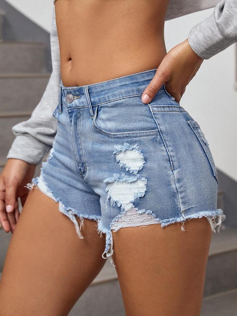 2026 Trendy Girls' Mid-Waist Ripped Denim Shorts - European & American Style for Spring/Summer