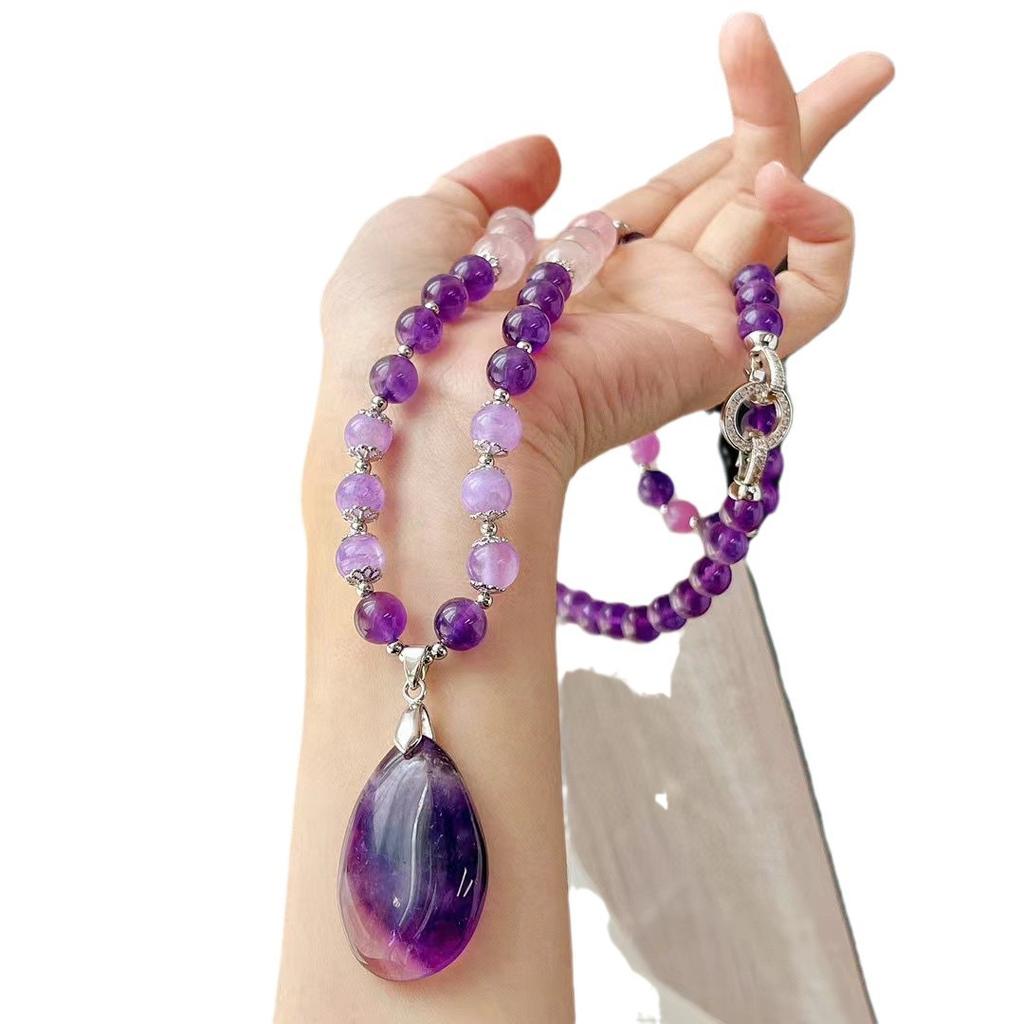 National Style Vintage High Quality Natural Amethyst Pendant Sweater Chain Autumn and Winter Long Necklace