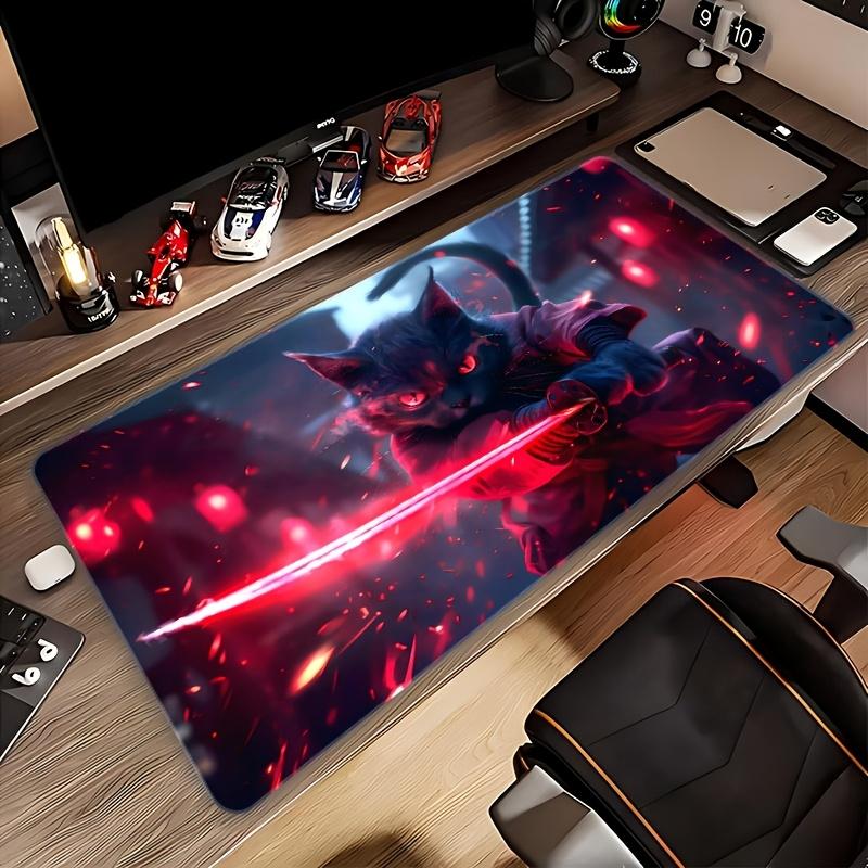 Samurai Cat Glowing Sword HD Mouse Pad Extra Large Rectangular Desk Mat NonSlip Durable Rubber Base