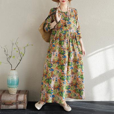 Early Spring Floral Vacation Style Tourism Leisure Round Neck Loose Retro Long Skirt with Meat Covering Long Sleeved Dress for Women Dresses