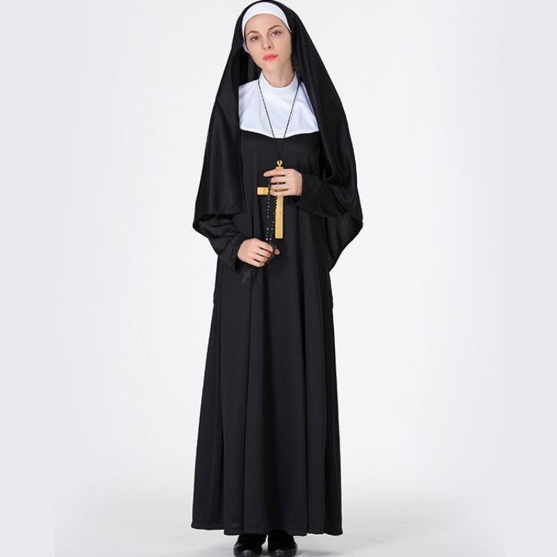 Halloween nun costumes, Virgin Mary stage performance black robe