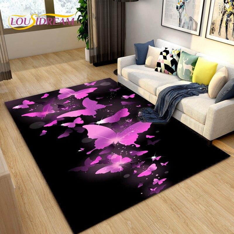 3D barevný koberec Butterfly Flower Area,Koberec do obývacího pokoje Ložnice Pohovka Yoga,Kuchyně Koupelna Rohožka Protiskluzová podložka na podlahu