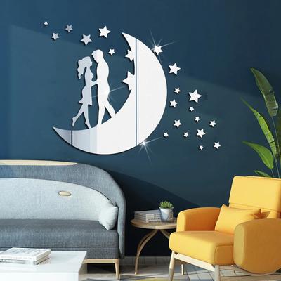 Girls Moon 3D Mirror Stickers Acrylic Self-Adhesive Wall Paper Diy Modern Acrylic Mirror Sticker Frame Living Room Home Decor