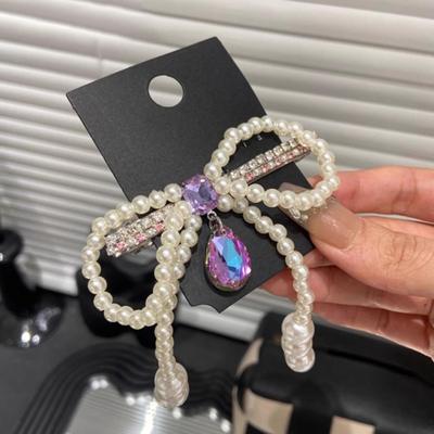 Diamond Bow Water Drop Pearl Hairpin Elegant Temperament Spring Clip Fashion Personality Hair Accessories