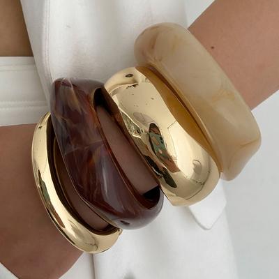 Salircon Vintage Irregular Resin Wide Bangle Bracelets for Women Punk Geometric Wide Metal Bracelet Fashion Chunky Party Jewelry