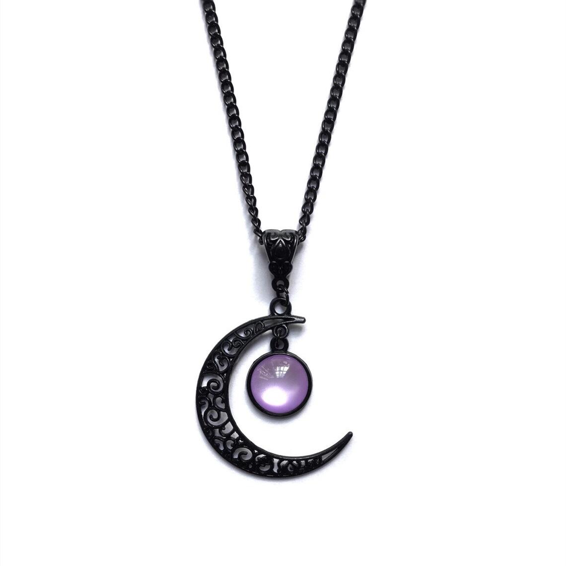 Bohemian Gothic Black Flower Silk Crescent Moon Necklace