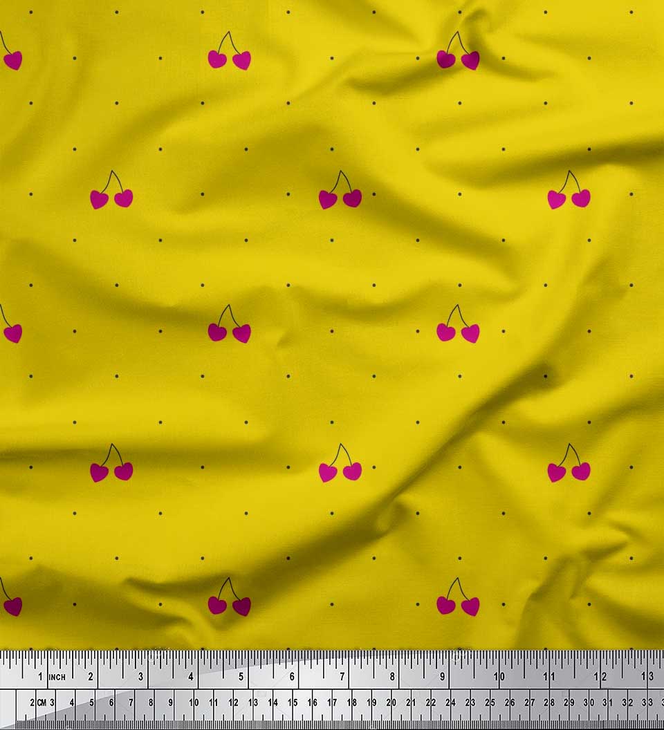 

Soimoi Purple Японська креп-атласна тканина Cherry & Dots Print Швейна тканина метр 42 дюйма 42 Inch Wide - Poly Crepe жовтий