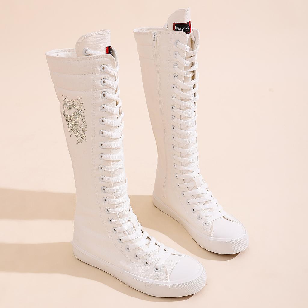 Women's long ankle boots, girls' fashionable and comfortable high-calf canvas boots, suitable for attending parties and daily outings