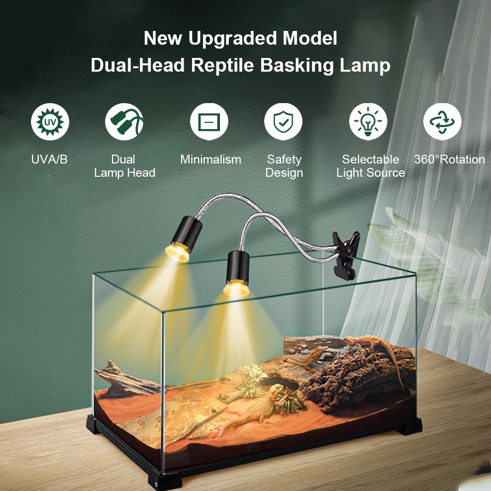 Reptile Heat Lamp Rotating Double-Head Reptile Light Bracket UVA/UVB Heating Lamp Bulb 25W/50W/75W