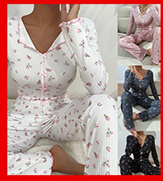 Women's European Style Bowknot Pajama Set - Long Sleeve Top & Elastic Long Pants, Printed, Casual, and Sexy for Indoors or Outdoors.