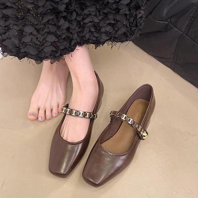 Women's French Retro Square-Toe Mary Janes - Spring Fashion Chain Chunky Heel Low-Cut Leather Shoes