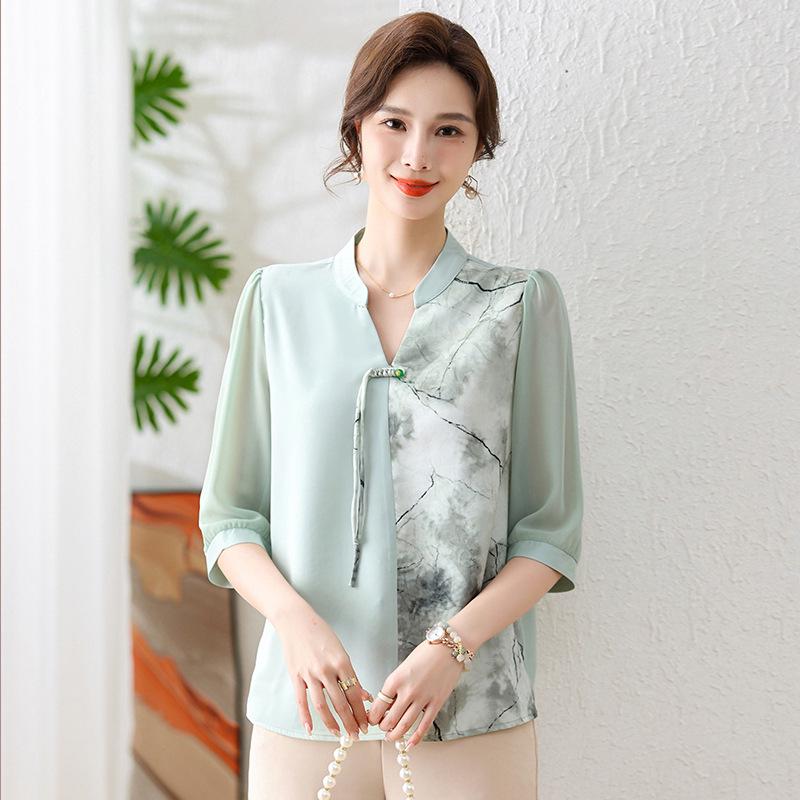 

Шифоновая блузка с рукавом до локтя в китайском стиле для женщин 50+ 2XL [Suggested 52.5-60 kg] зелёный