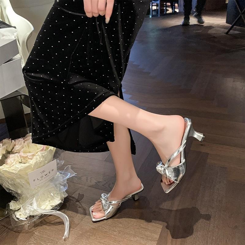 2025Summer Women Thick Heel Slippers Fashion Open Toe Butterfly-knot Shoes Ladies Casual Dress Street Style Slides