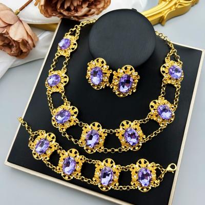 Vintage French Elegant Charm Mysterious Purple Glass Elliptical Jewelry Set Necklace Earrings Bracelet
