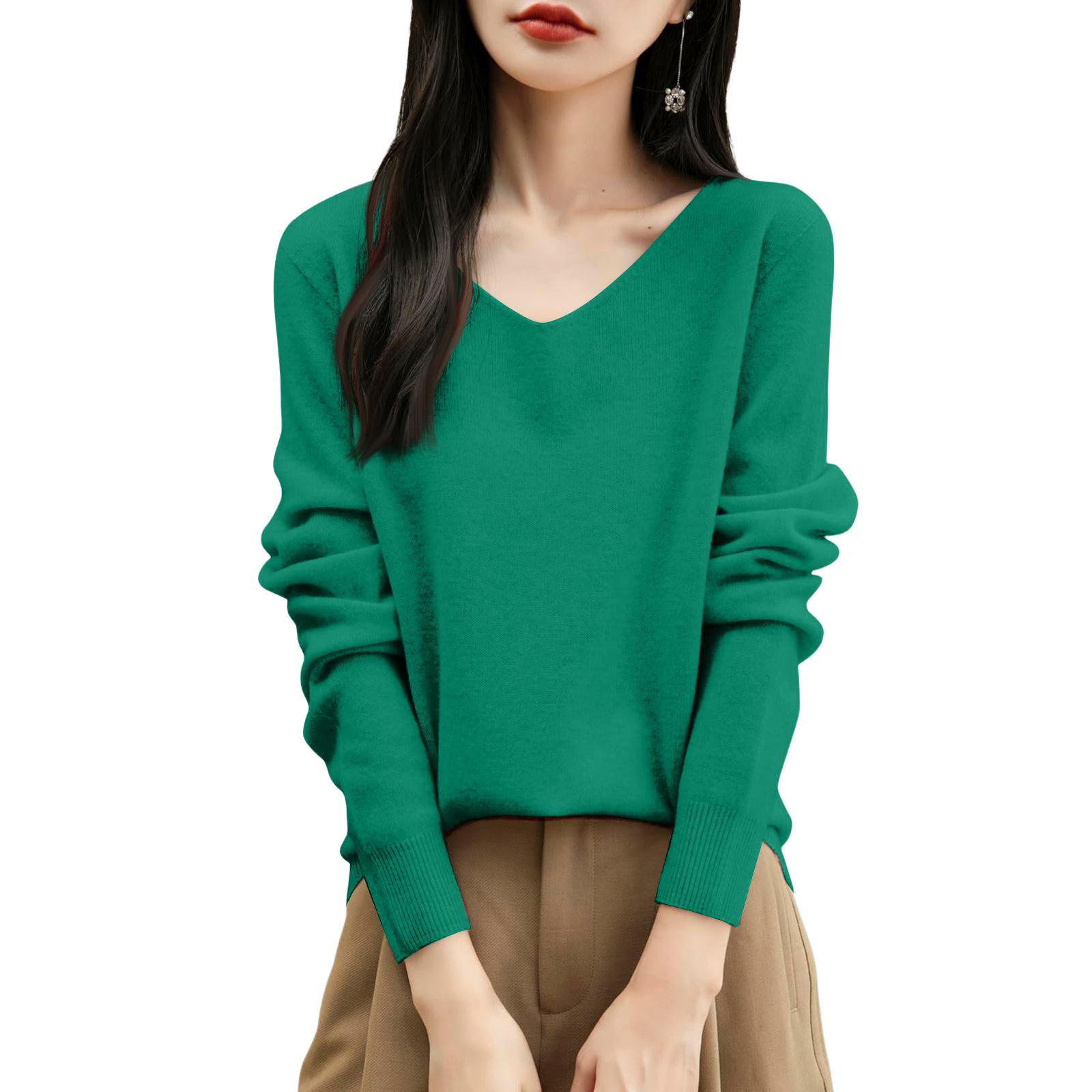 Women s Fashion Flat-Knit V-Neck Pullover Sweater Color Long-Sleeve Top L