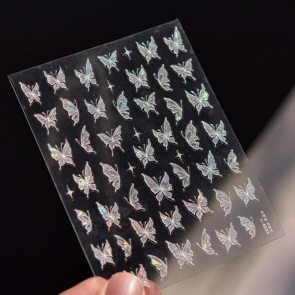 Gradient White Pink Butterfly Flower Shiny Stars Chic Spring Petal 5D Soft Adhesive Nail Art Stickers Decorations Manicure Decal