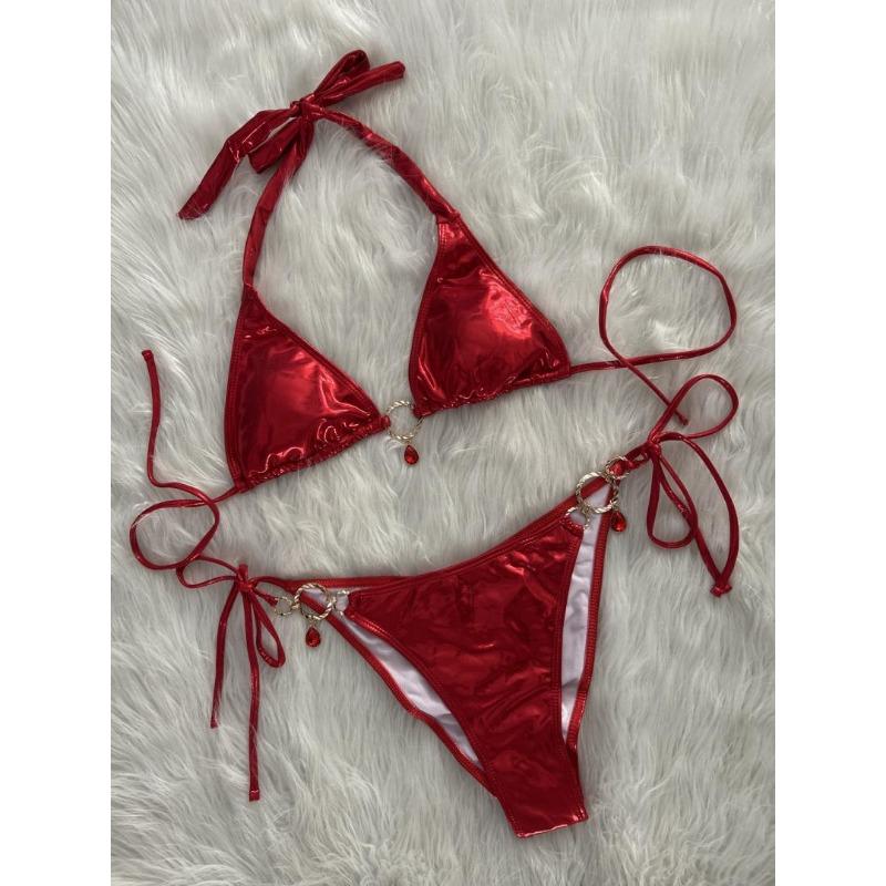 Sexy Solid Color Crystal Rhinestone Lace Up Split Two Piece Bikini Swimsuit For Women Beach Vacation