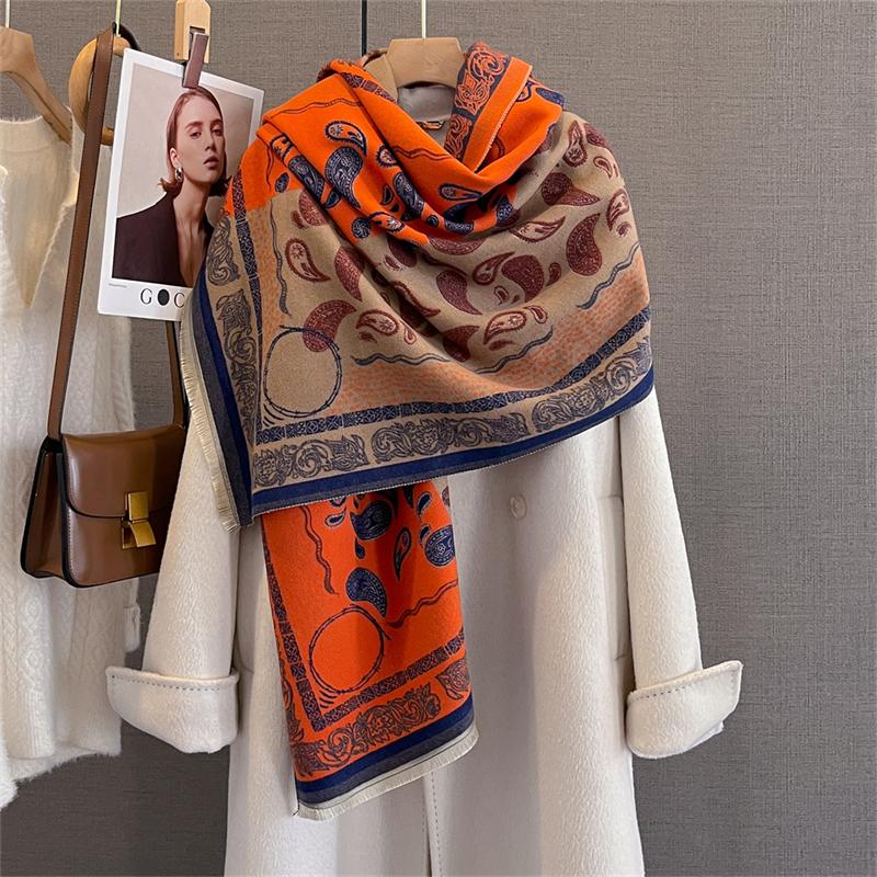 Luxury Floral Print Scarf for Women Warmer Winter Cashmere Pashmina Scarves Shawls Female Thick Blanket Wraps Foulard