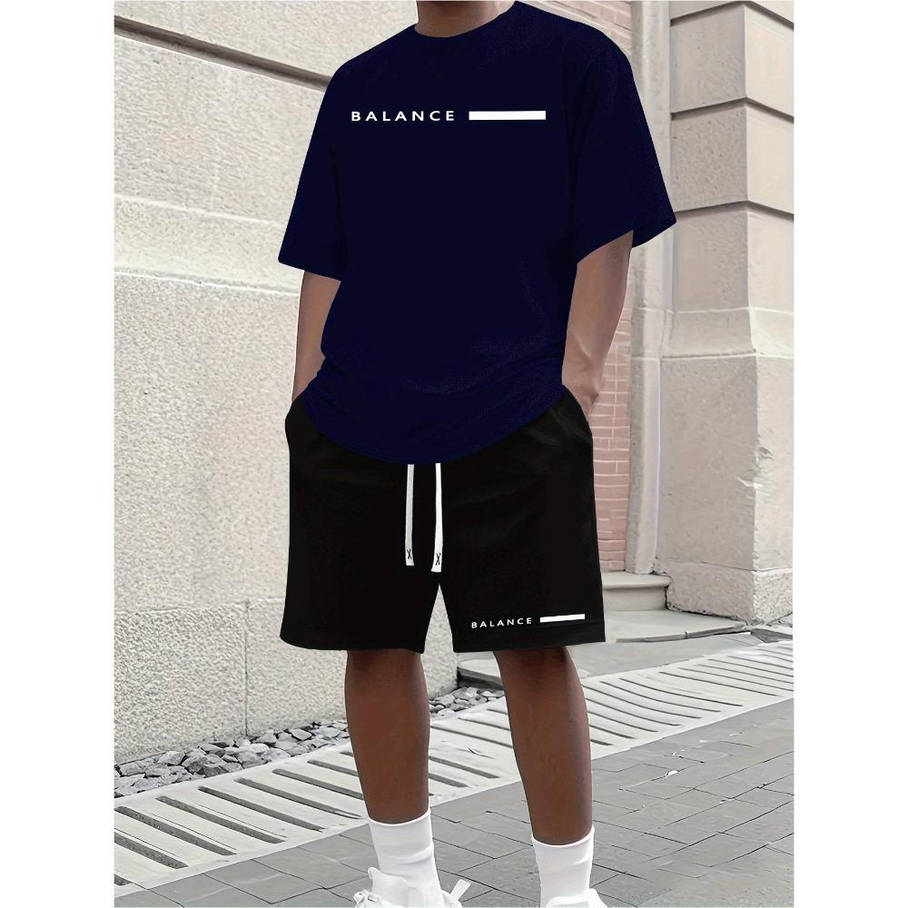 2026 Casual Men's Set Summer Apparel Color-Blocked Short-Sleeve Top Relaxed Drawstring Shorts Stylish Streetwear Ensemble