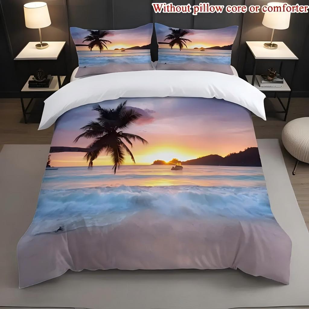 Pink Blue Sky Beach Sunset Scenery 3D Printed Bedding Set Summer Hawaiian Style Duvet Cover Set Soft Comfortable Quilt Cover Set