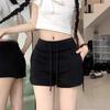 Women's Spicy Girl Black Drawstring Casual Shorts: Autumn Elastic Waist, Slit Straight Leg, Solid Color Fashion.