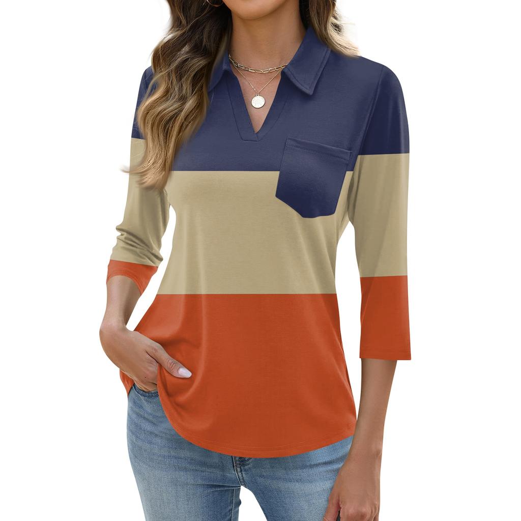 Damen Mode Lässig Revers Kurz 3/4 Ärmel Print Hemd Damen Oberteile