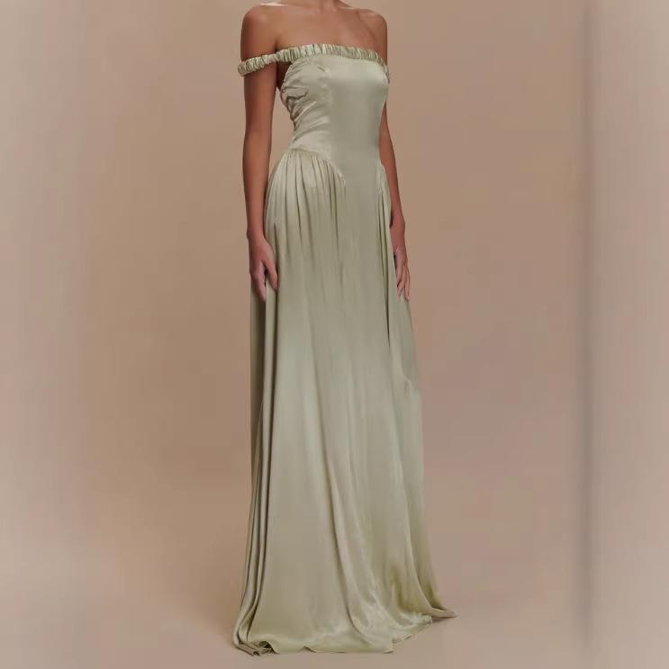 European and American Shrink Pleated Waist A Pendulum Net Color Satin Dress 2026 New High Waist Slim Dress Long Dress