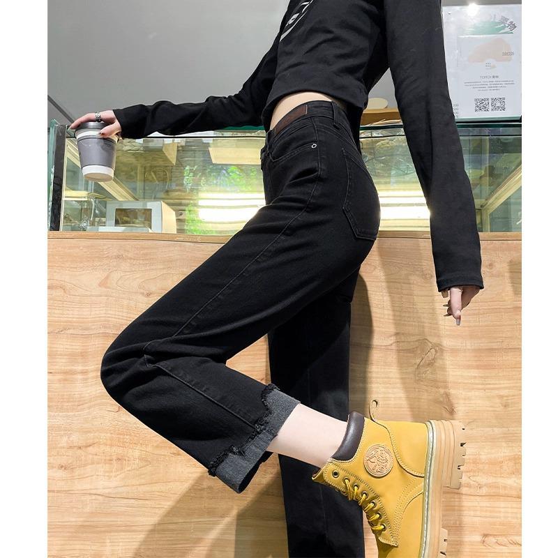 Women's High-Waisted Slim-Fit Straight-Leg Jeans - Petite Cropped Cigarette Pants for Autumn/Winter 2024