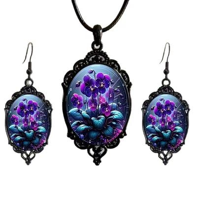 Vintage Style Floral Pendant Necklace and Earrings Set Oval Frame Glass Cabochon Jewelry for Women and Girls Adjustable Chain