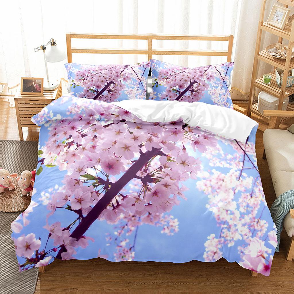Kirschblüten-Bettbezug-Set, King-Queen-Größe, rosa Blumen-Polyester-Bettbezug für Kinder, Teenager, Erwachsene, Bettwäsche-Set