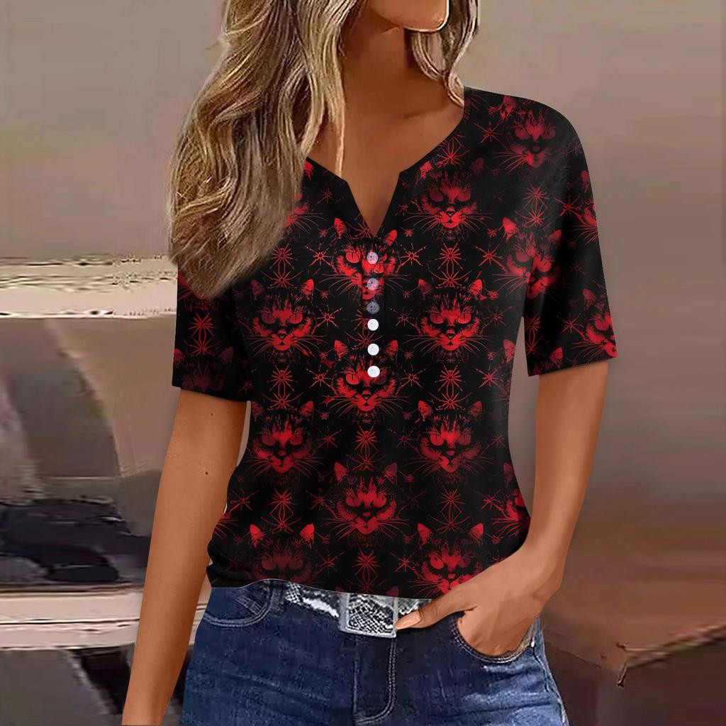 Dames T-skjorte Tee Halloween Trykket Knapp Kortermet Tunika Daglig Helgemote Basic V-hals Vanlig Topp